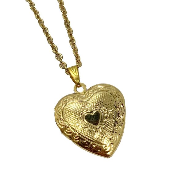 Vintage Gold Heart Locket Pendant Necklace Victorian Photo Picture 24" Plated - Picture 3 of 7